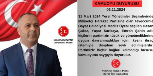 Bayat MHP ilçe Belediye Meclis Üyelerine İhraç İstendi