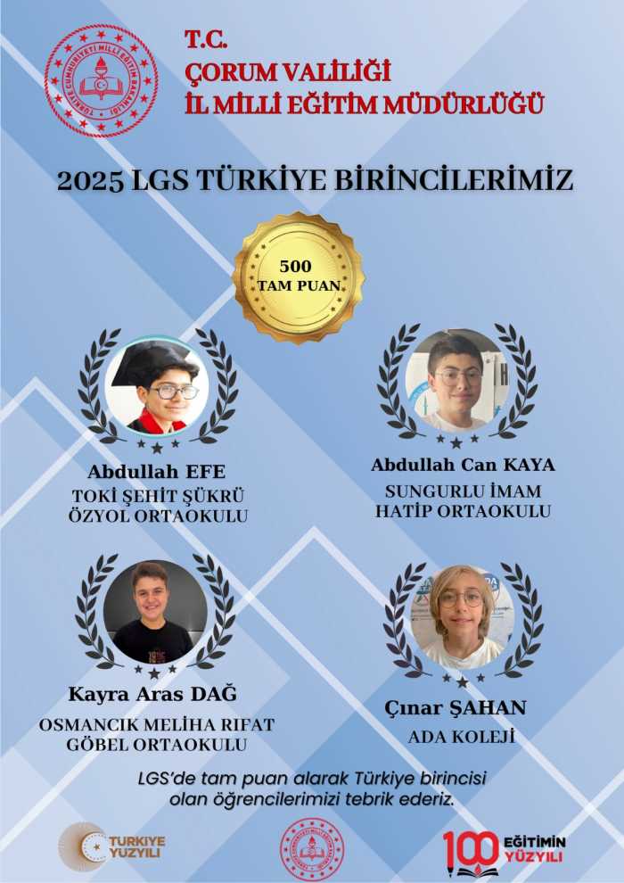 Çorum'un LGS Gururu Dört Türkiye Birincisi!