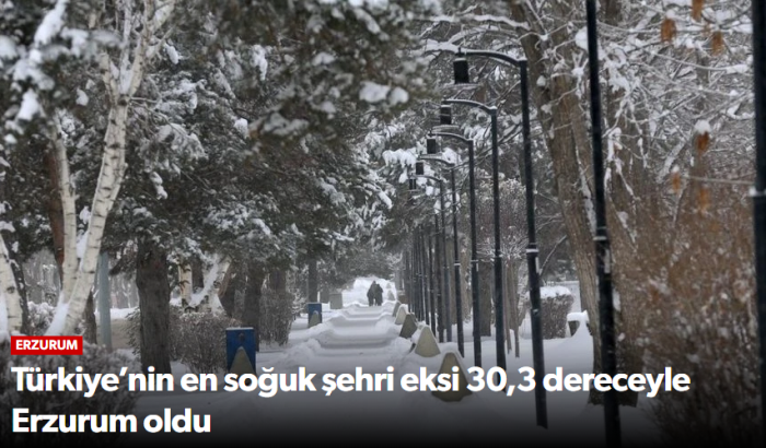 Türkiye’nin En Soğuk Şehri Eksi 30,3  Erzurum Oldu